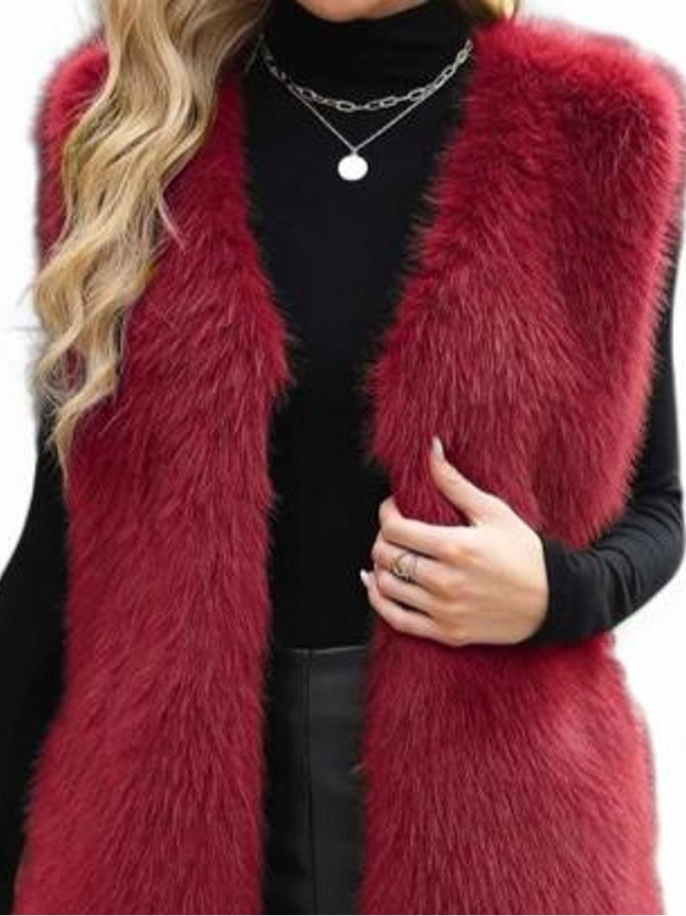 Plush Red Faux Fur Vest - Sleeveless Layering Coat